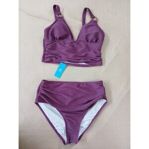 Cupshe Women's M Swimsuit Tankini Set Plum Ribbed Resortwear Vacation Swimwear